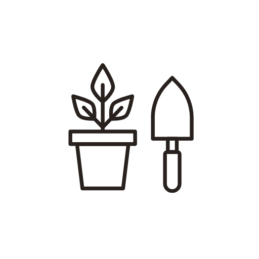 Outline icon of a potted plant and a gardening trowel.