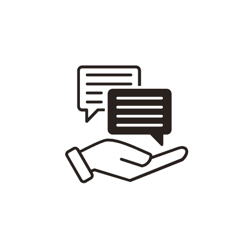 Icon of a hand holding two speech bubbles, symbolizing communication or conversation.