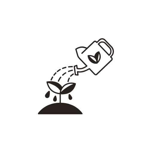 Illustration of a watering can pouring water onto a small plant.