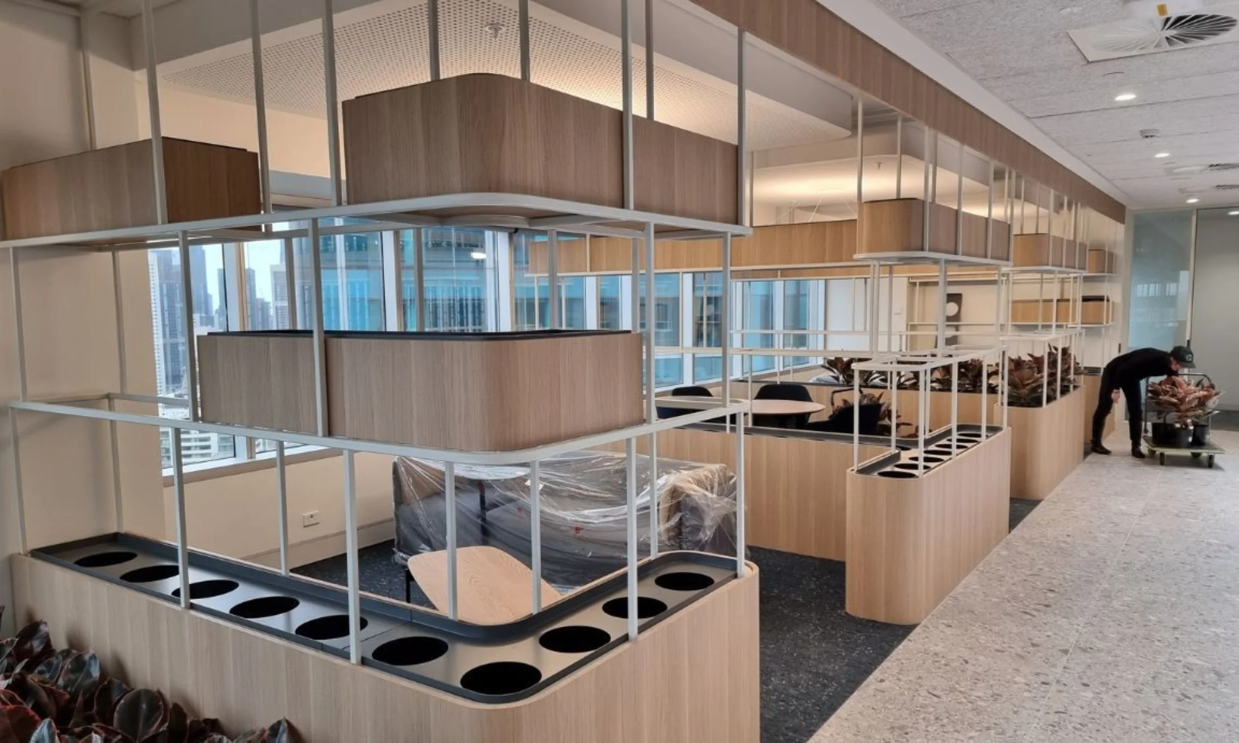New Melbourne office fitout with large timber and metal planter shelving installed, showing empty plant bays and a technician preparing indoor plants for a professional office plant hire installation.