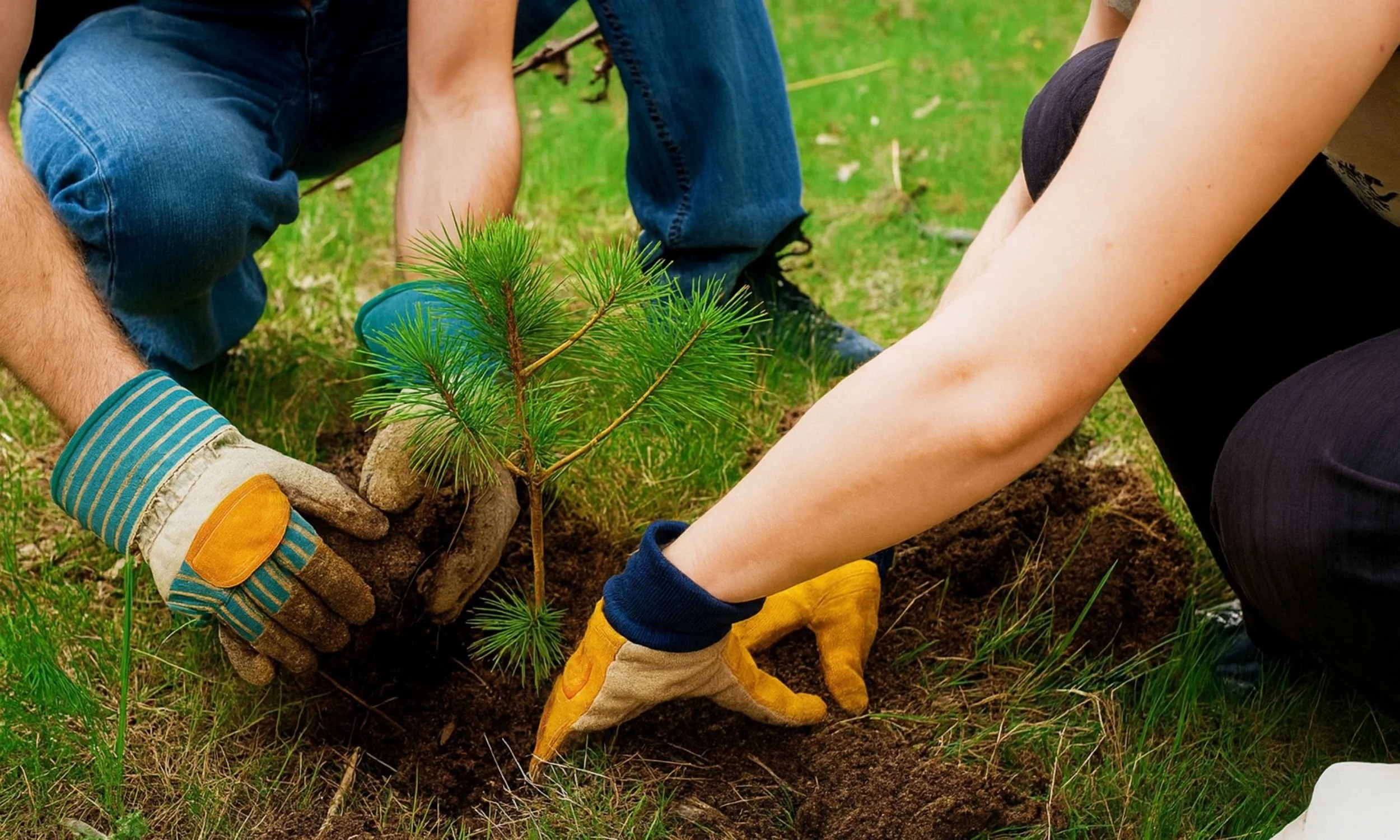 Close up of hands planting a young seedling into soil, symbolising sustainability, growth and environmental planting initiatives.