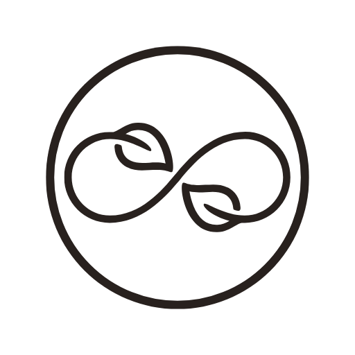 A circular logo with an infinity symbol intertwined with two leaves inside.