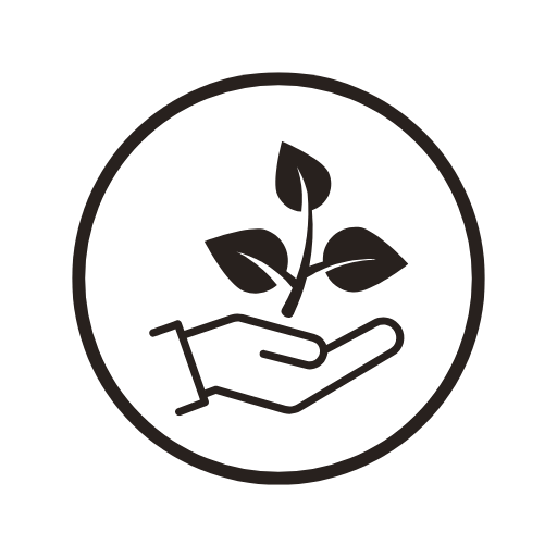Icon of a hand holding a small plant with leaves, symbolizing environmental care or sustainability.
