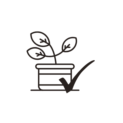 Outline drawing of a potted plant with three leaves and a gardening trowel leaning against the pot.