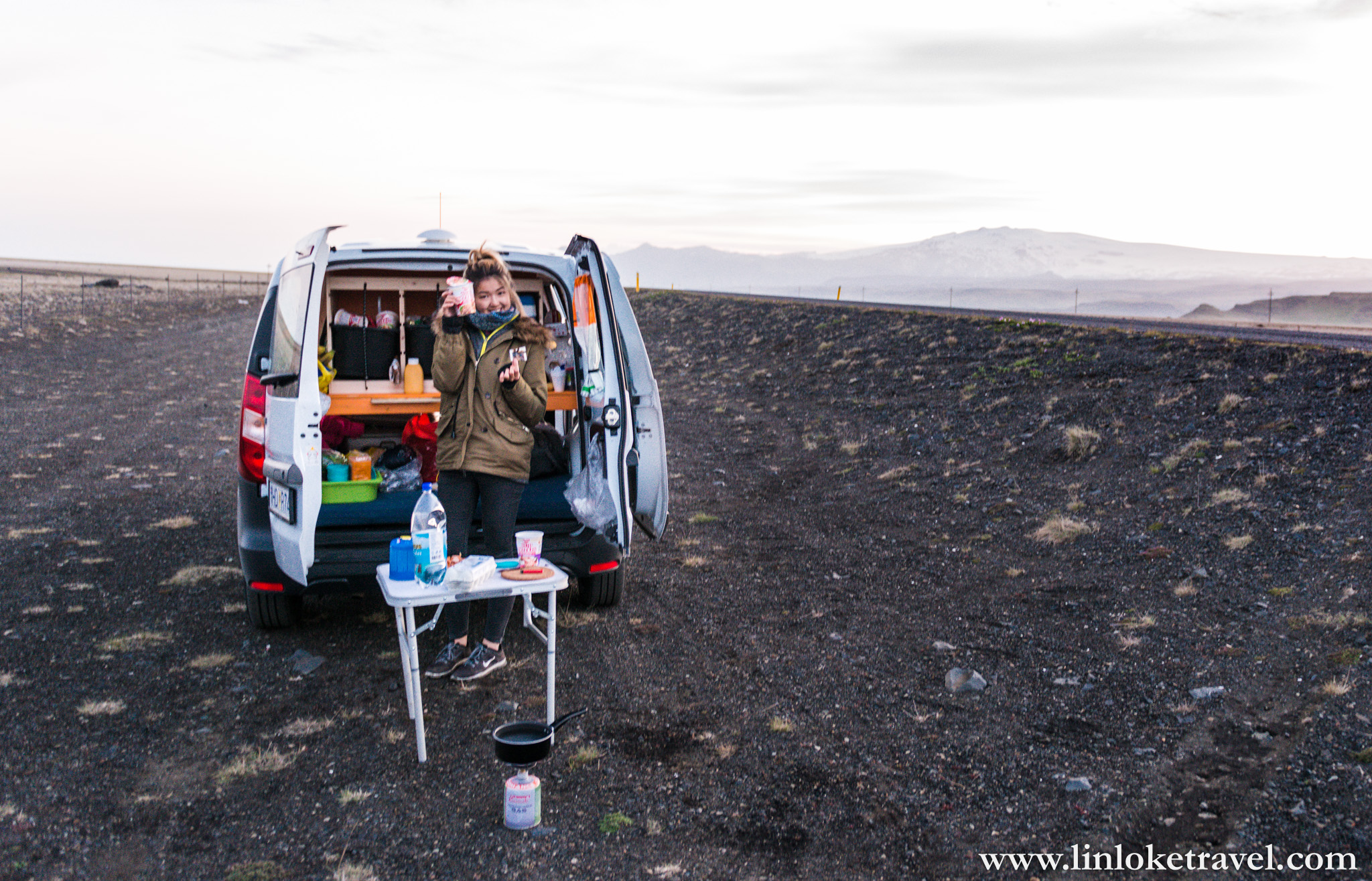 Daily routine of setting up the foldable table and burner to prep our meals after finding a suitable stop to park for the night. 