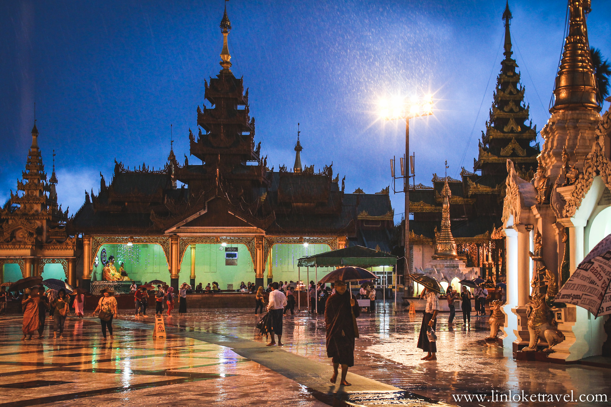 Shwedagon Pagoda on a rainy night