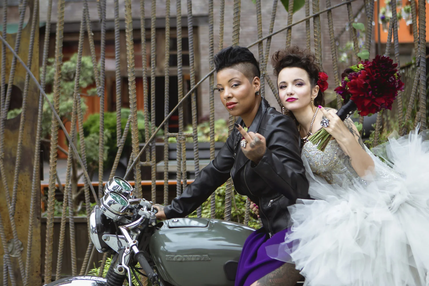 Wedding Inspiration // Tattooed Brides, Vintage Motorcycle, + Studded Cake