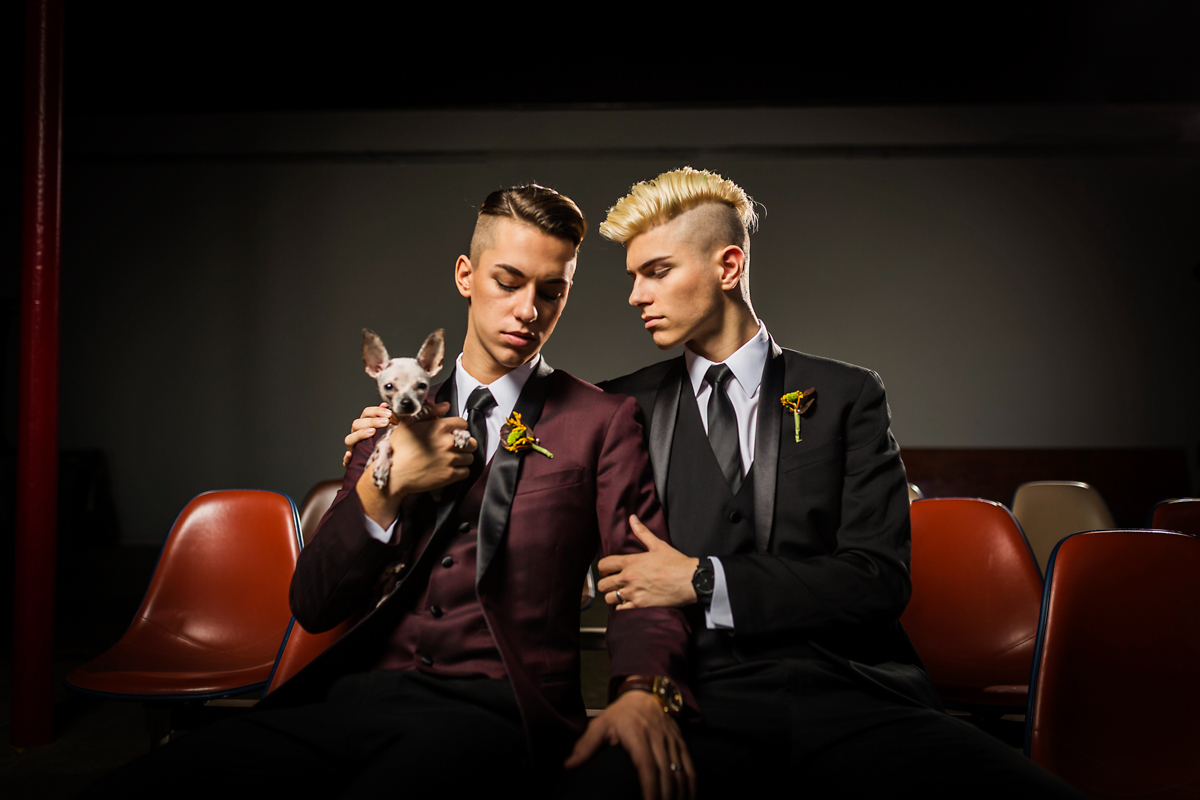 same-sex wedding with a small dog