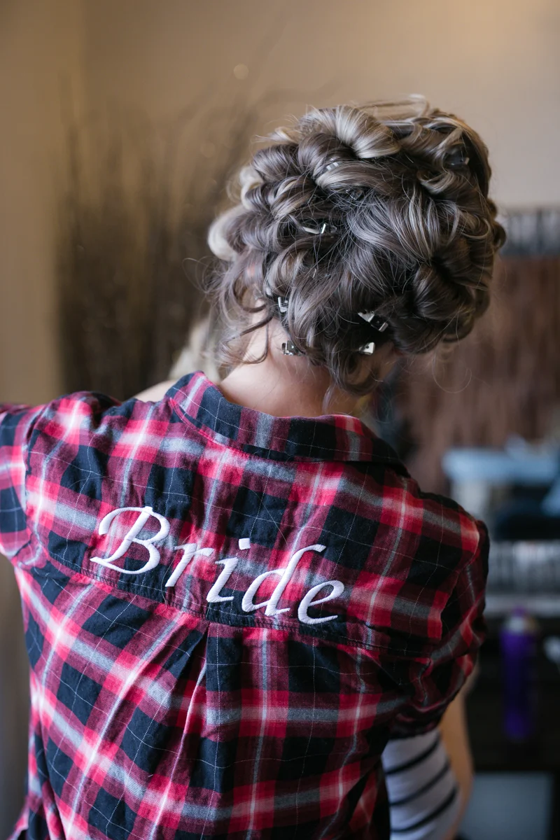 flannel shirt embroidered with "bride"