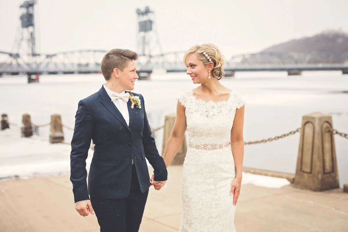 two brides at their wedding in the winter