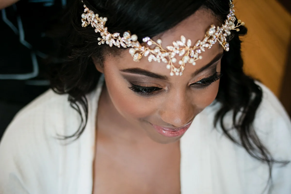 bridal headpiece on bride, including makeup detail