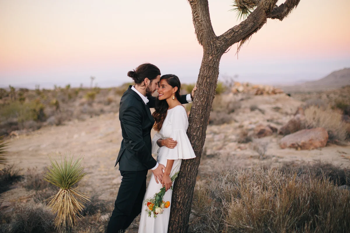 Bride and groom in Joshua Tree