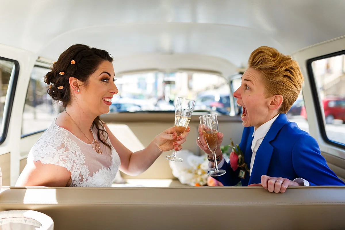 wedding day VW bus champagne