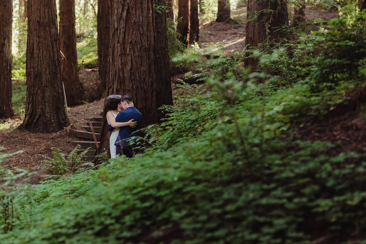 kiss by tree and shrubs