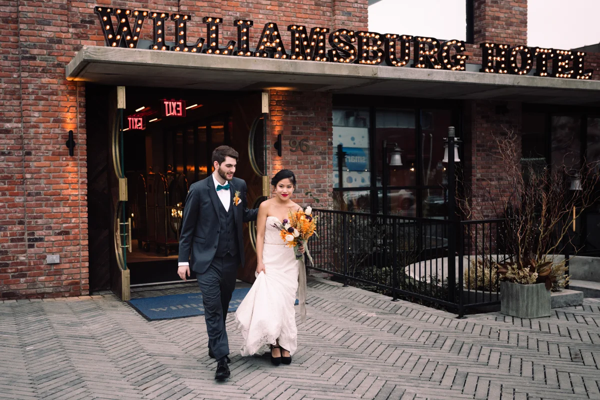 williamsburg hotel wedding shoot couple leaving hotel