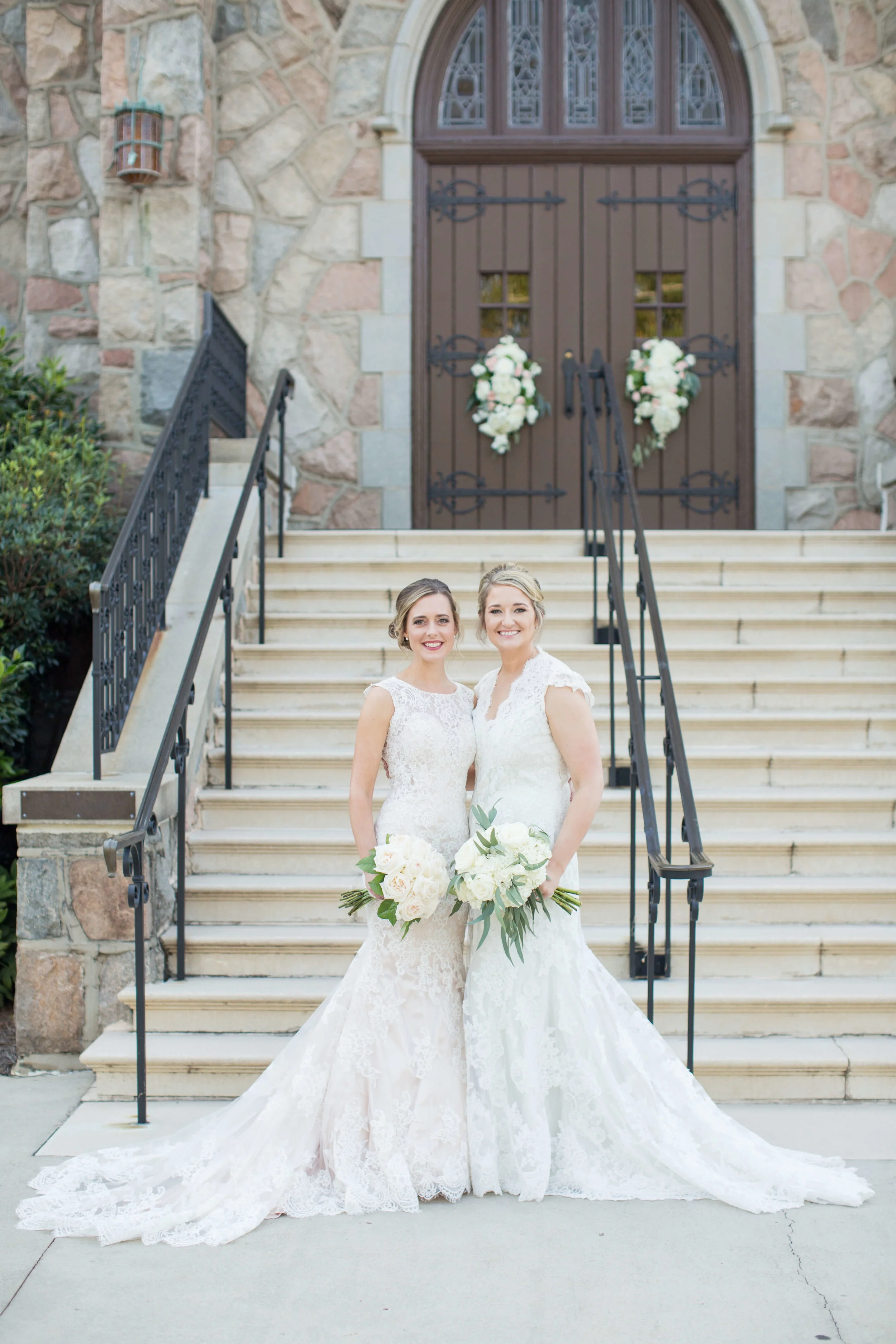 Brides in long white wedding dresses outside church Jessica Hunt Photography