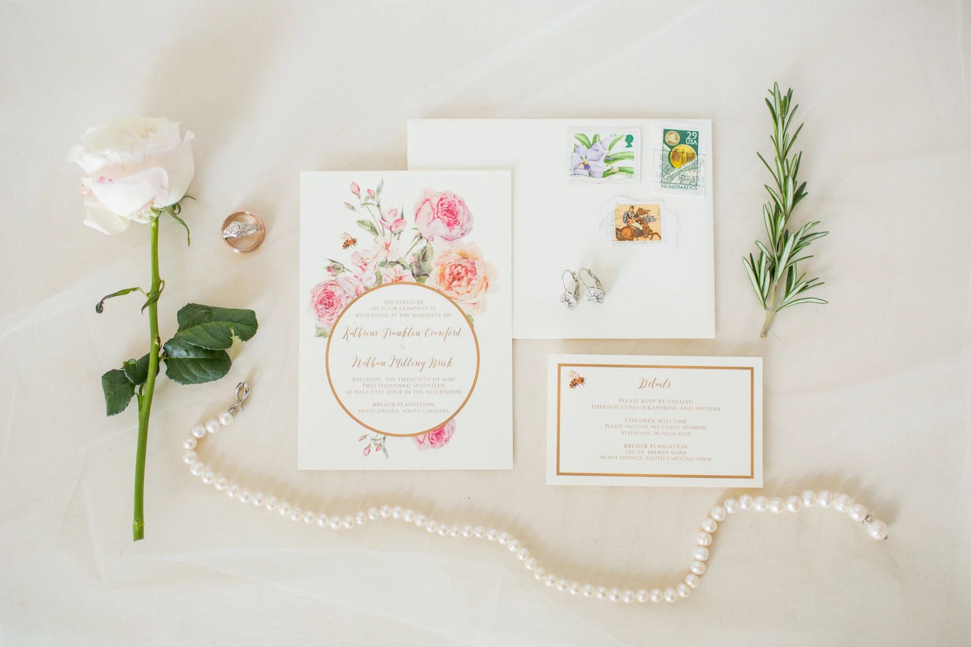 Floral wedding stationary suite with bridal jewelry Jessica Hunt Photography Southeast US Weddings