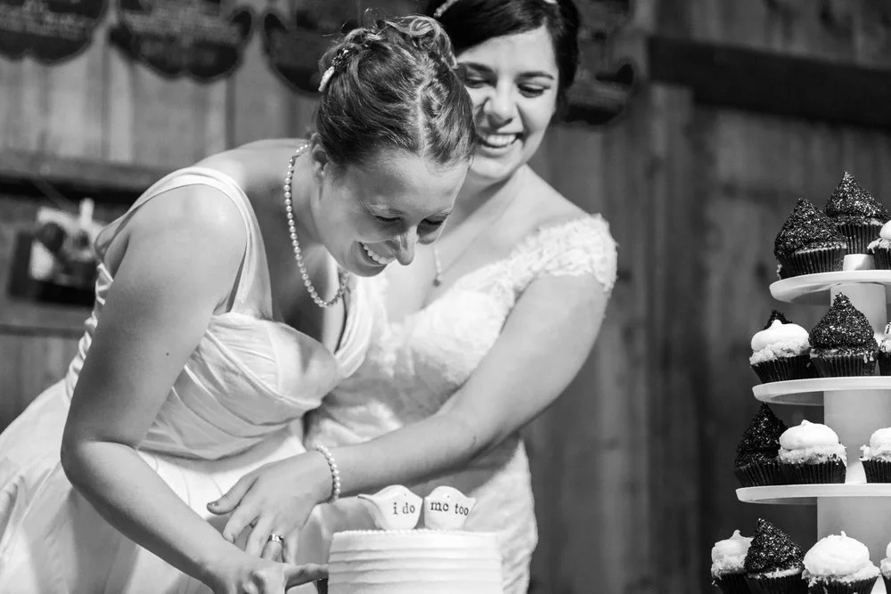 Two brides smiling over wedding cake that says I do me too Meera Graham Photography Missoula Montana