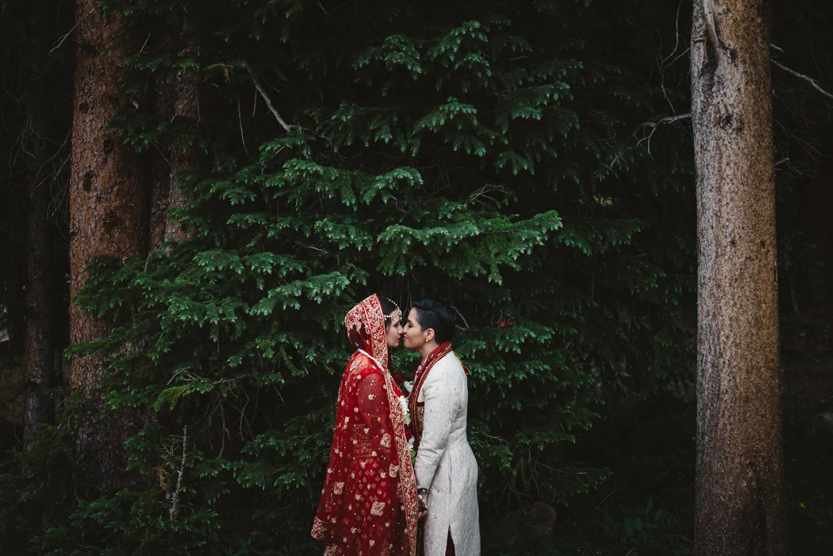denver same-sex indian wedding kiss by pine trees