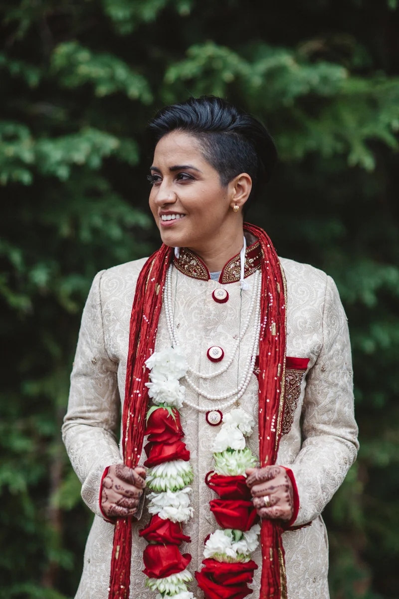 denver same-sex indian wedding monica posing and holding scarf
