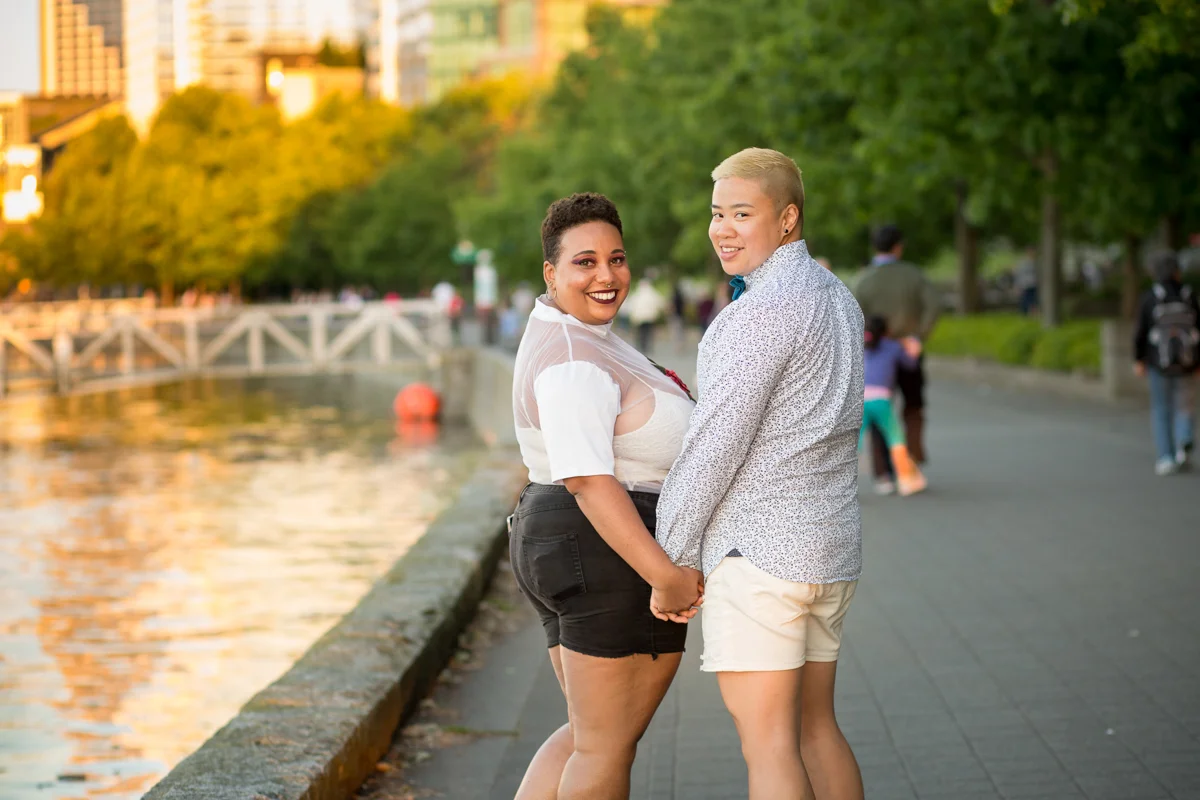 vancouver "just because" photo shoot holding hands in front of river