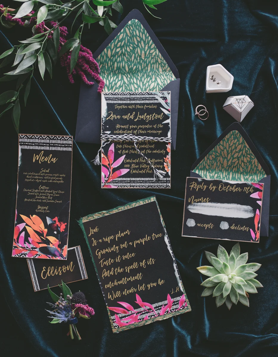 we are young worth the wait studios invitation, menu, name card, and handwritten vows on velvet backdrop