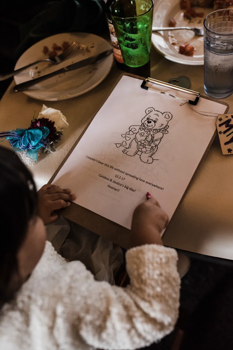 Rustic italian wedding child coloring on custom coloring page. Page: bear scattering hearts from basket, text reading "I couldn't bear this life without spreading love everywhere! 12.2.17, candess &amp; jessica's big day! hooray!!"