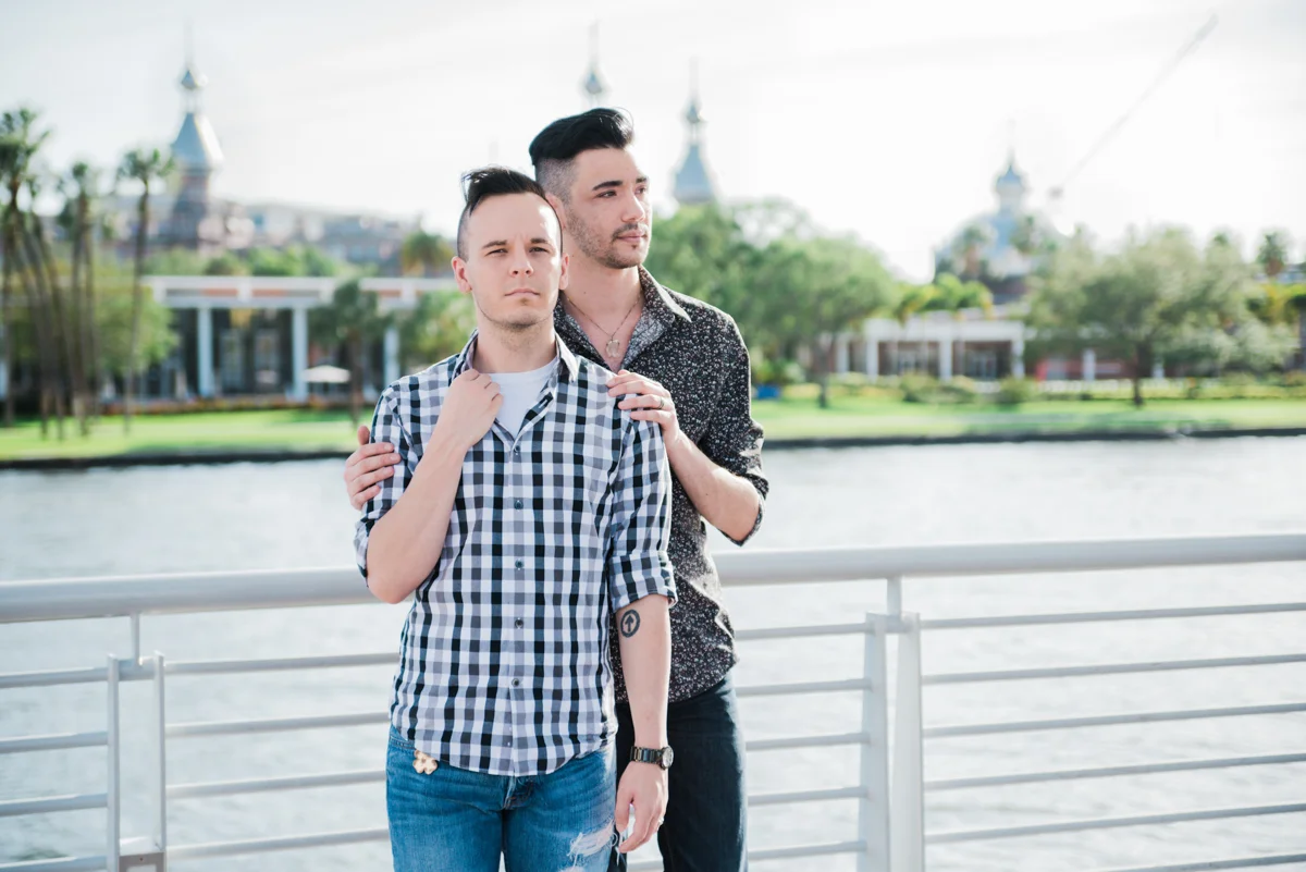downtown tampa engagement couple posing and looking off camera