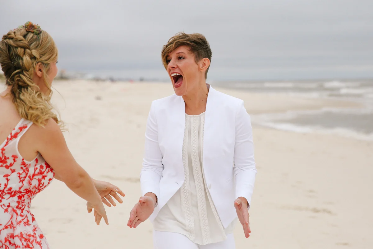 gulf shores destination wedding first look kate's excited face