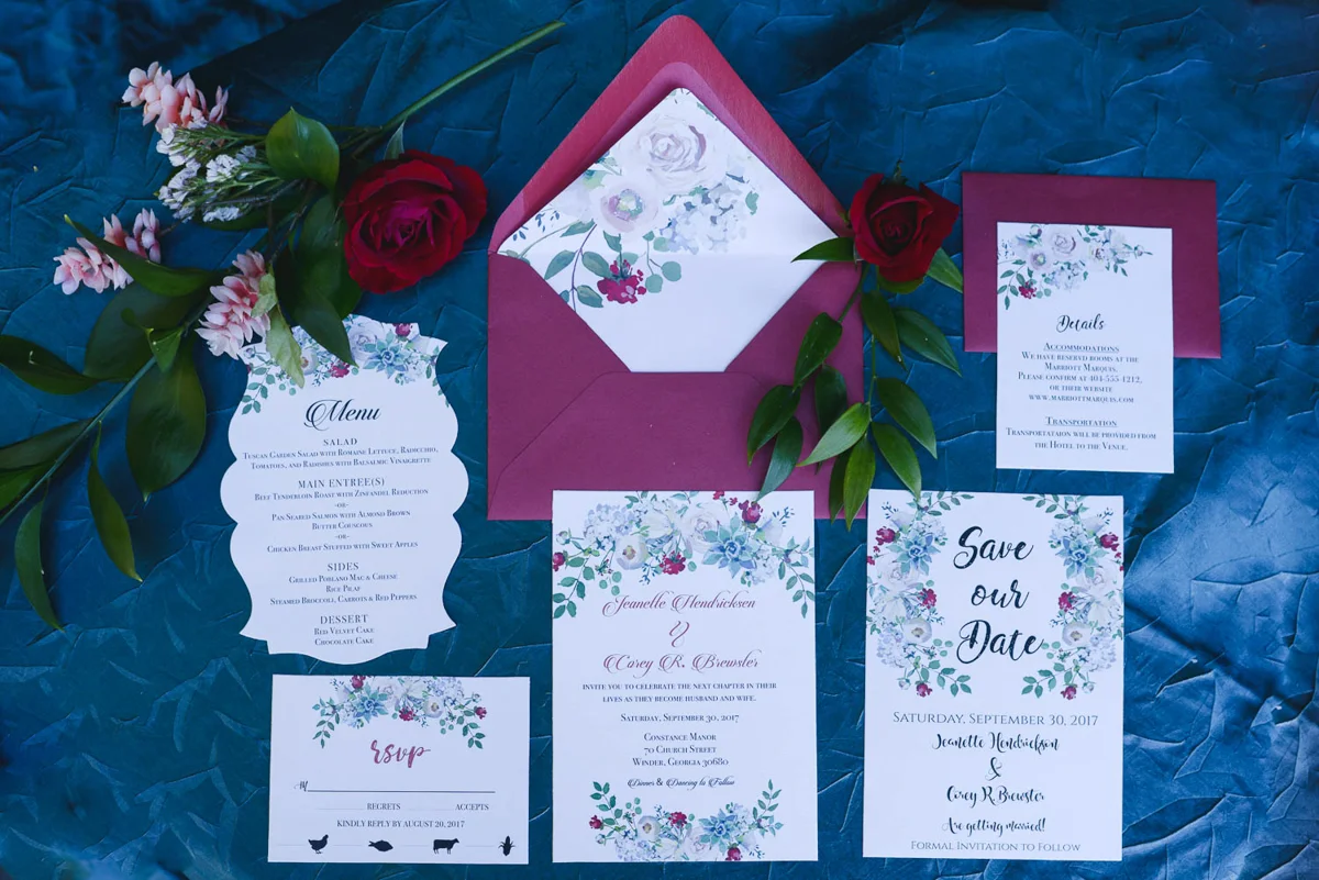 B ohemian Styled Shoot layout of invitations and paper goods
