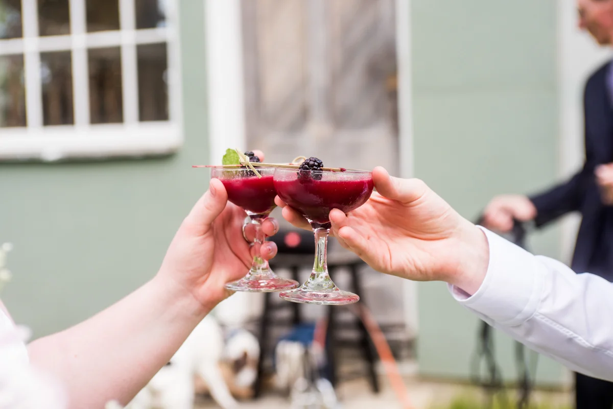 saratoga springs wedding toasting with glasses of fruity cocktail