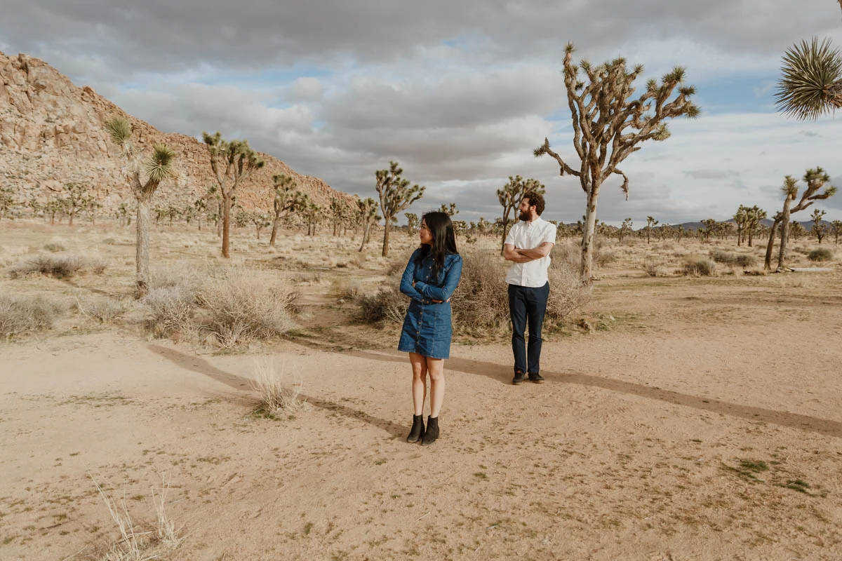 joshua tree california engagement session eda and matt standing and looking off to the side, trees in background