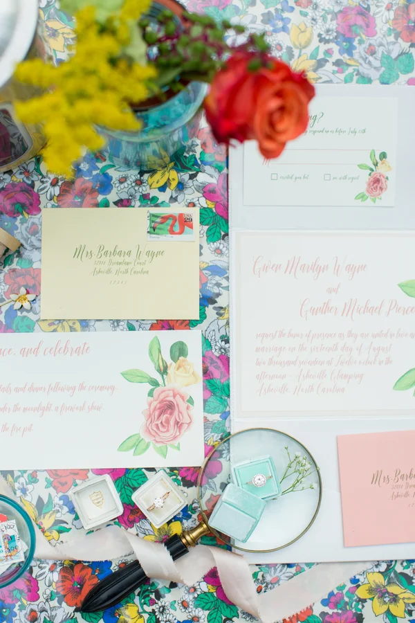 Asheville Glamping airstream trailer colorful floral casual wedding elopement inspiration in Asheville North Caroline by Jessica Hunt photography, Images by Amber Robinson and Ashton Kelley Photography