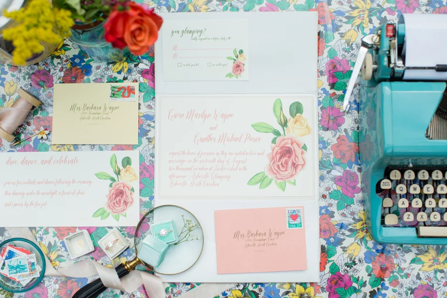 Asheville Glamping airstream trailer colorful floral casual wedding elopement inspiration in Asheville North Caroline by Jessica Hunt photography, Images by Amber Robinson and Ashton Kelley Photography