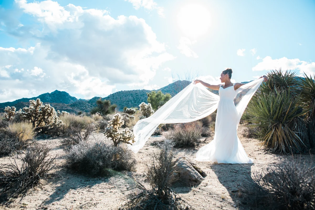 multi-cultural desert elopement second bride standing in desert holding flowing train
