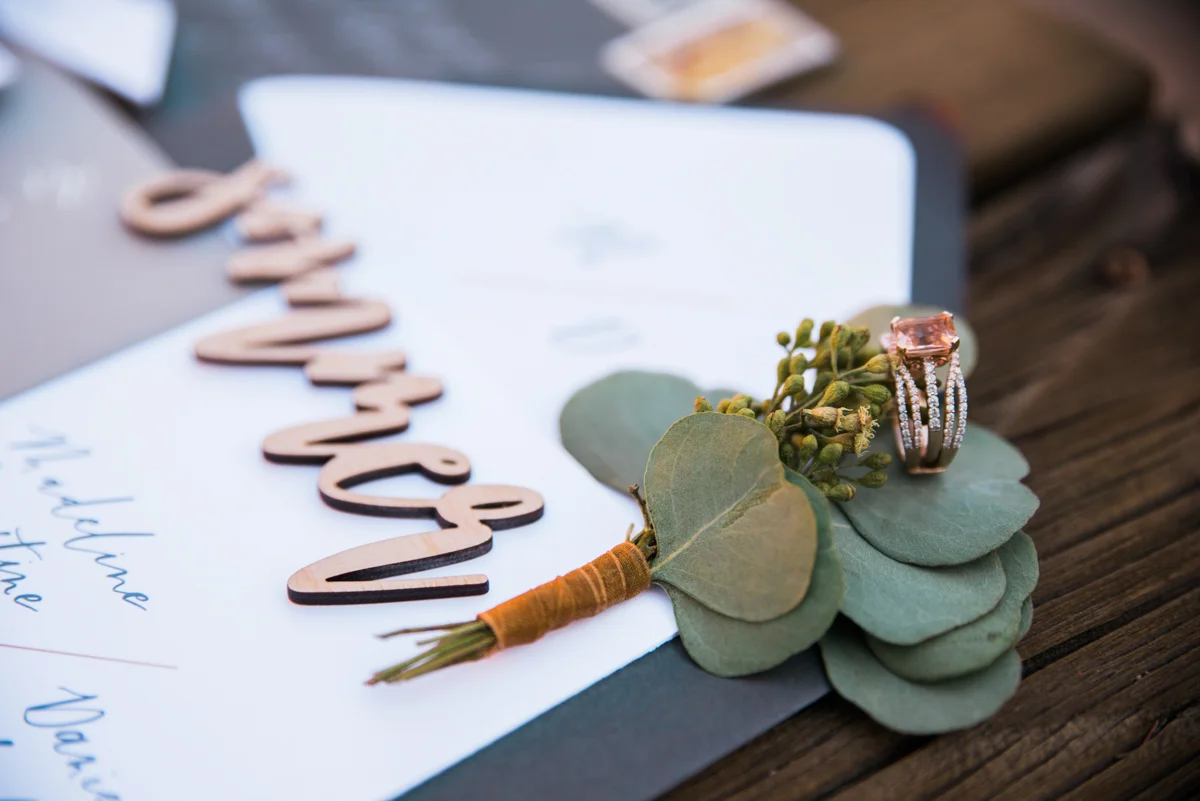 multi-cultural desert elopement close of ring and small plant bound in ribbon