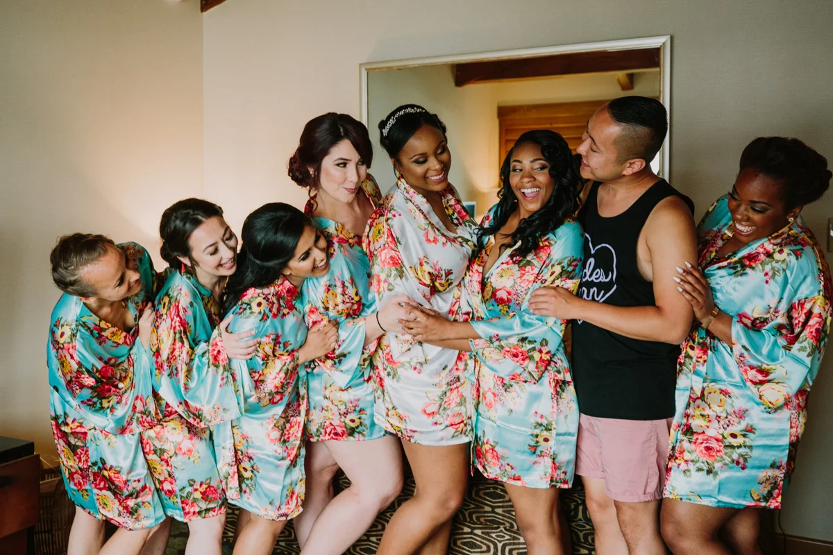 San Diego Tropical-Inspired Wedding janelle and wedding party in floral robes