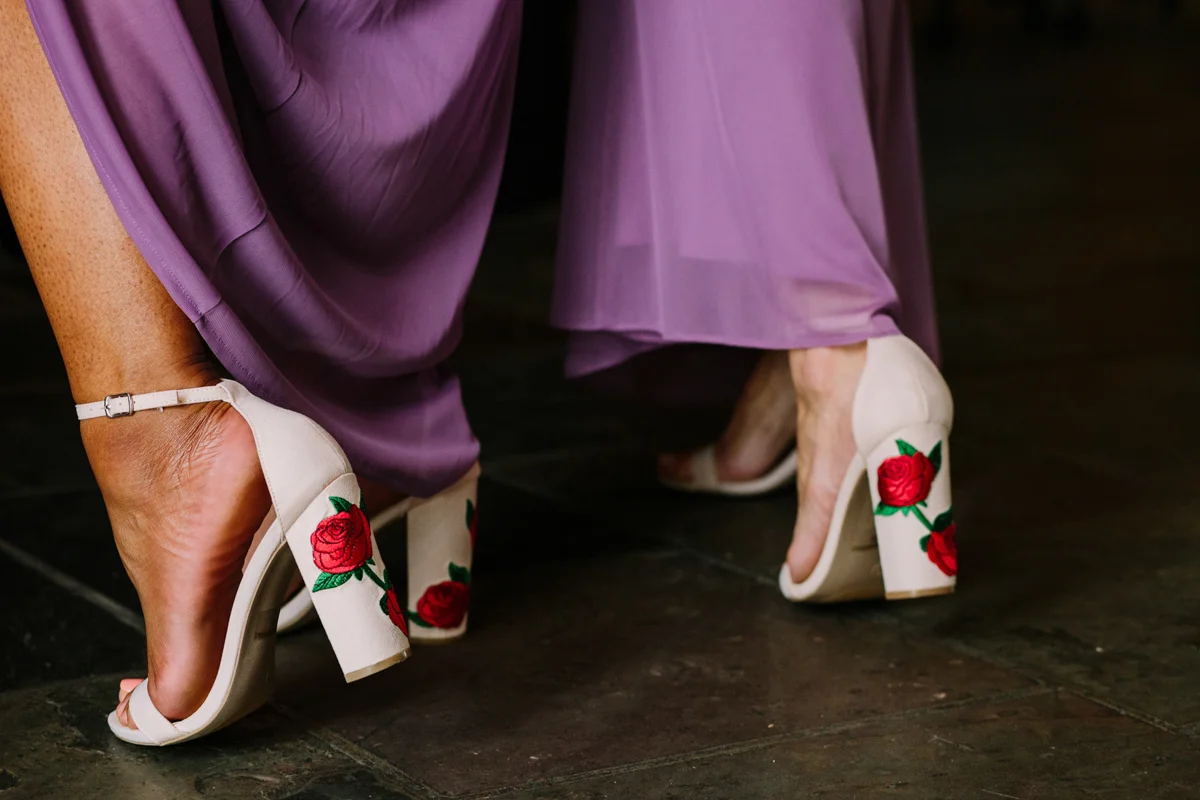 San Diego Tropical-Inspired Wedding bridesmaids' block heels with rose design on heel