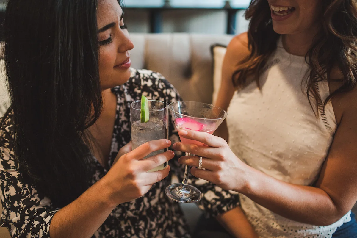 Wine Bar Engagement Virginia carmen and natalie clinking glasses together