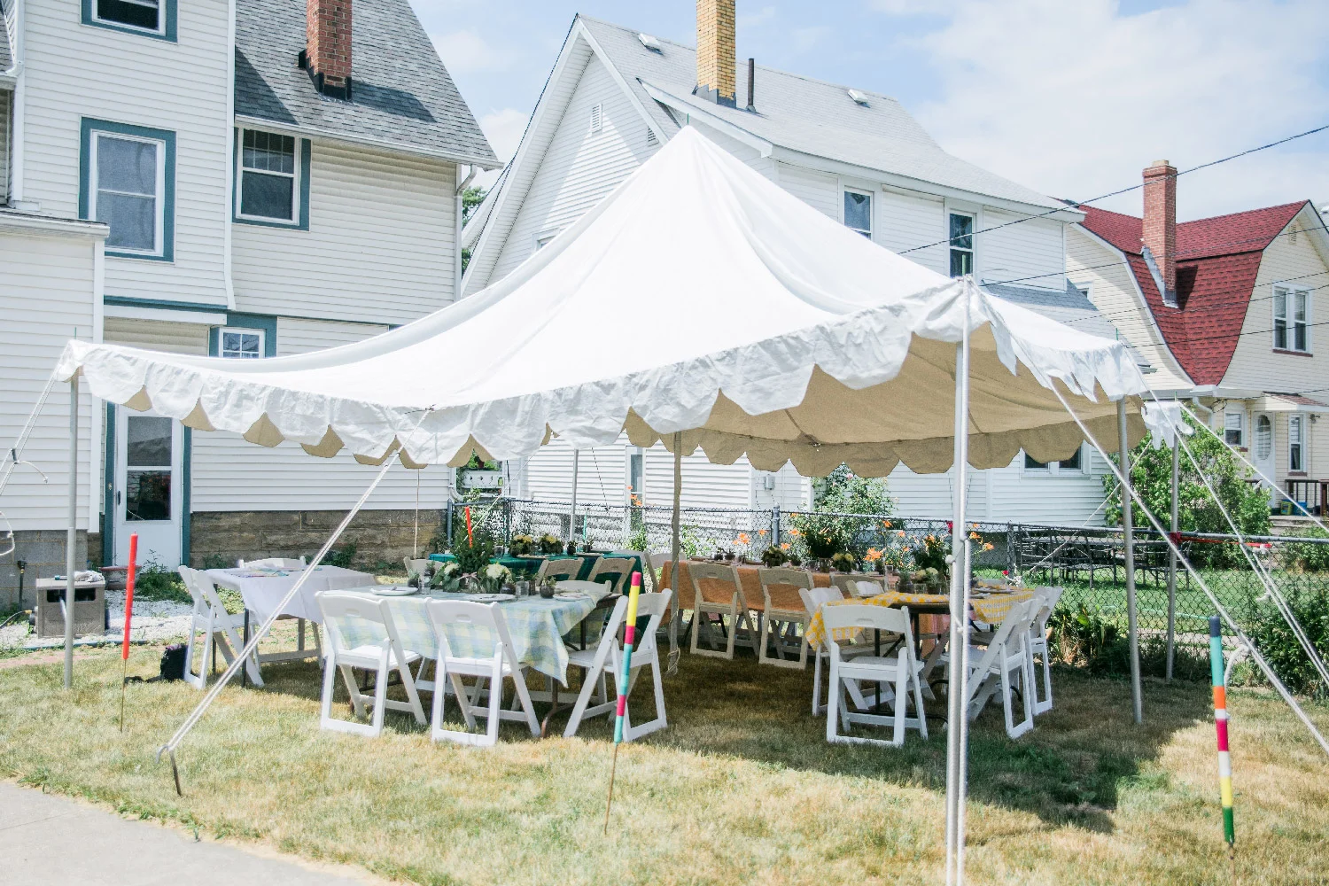 Tent set up in Bethany and Gregs backyard of Cleveland Ohio home for wedding Lea Marie Photography