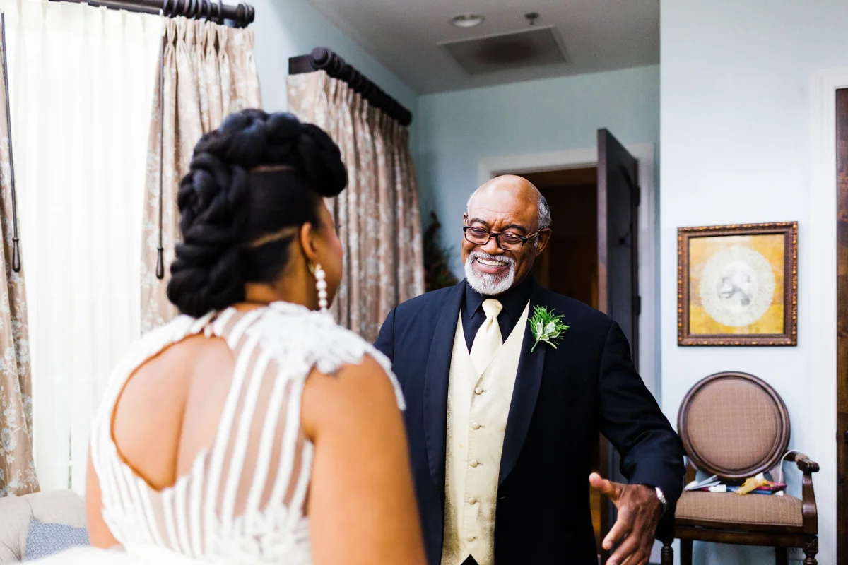 glam wedding river walk south carolina dana and her father first look