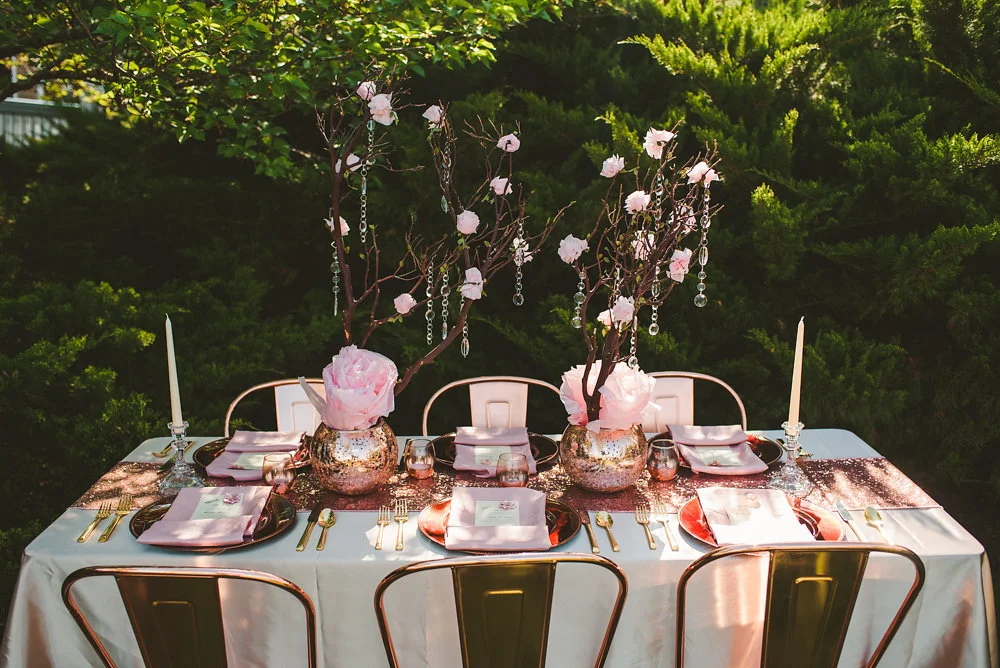 wedding inspiration the boathouse at sunday park midlothian virginia table with paper flowers and small cherry blossom trees with hanging jewels