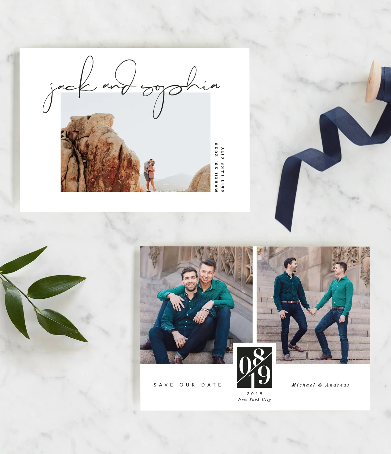 Offbeat Save The Date by Kimberly Fitzsimons and Classic Love Story Save the Date by Susanne Kasielke