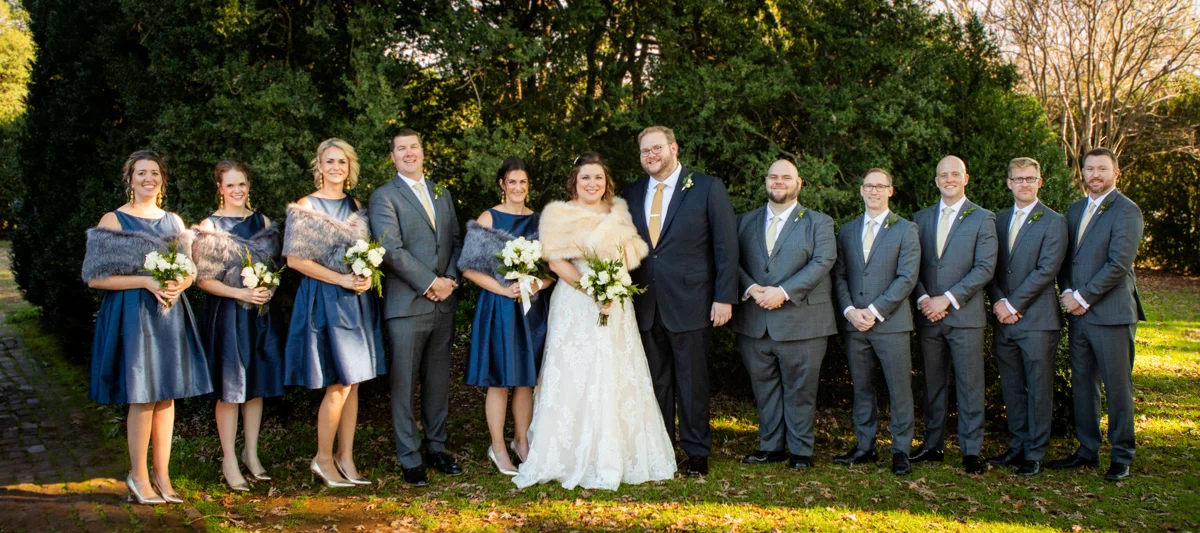 Romantic, Intimate-Feeling Wedding wedding party in front of large tree