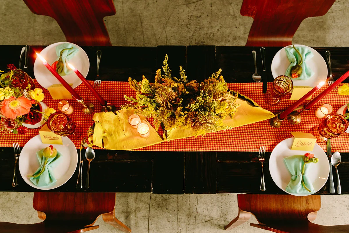 wes anderson inspired wedding brooklyn new york table with gingham runner
