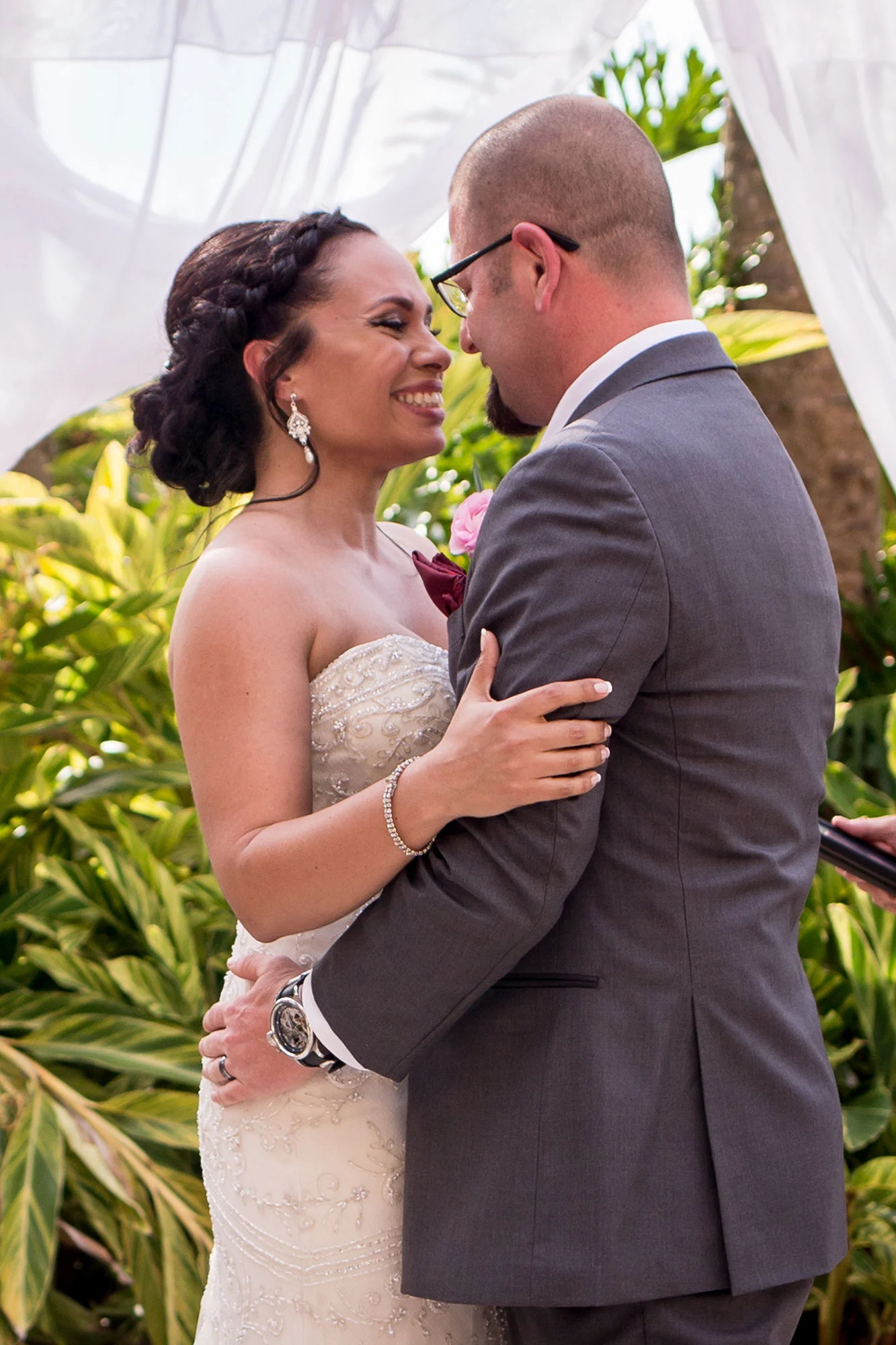 newlywed couple embracing after their wedding ceremony los angeles california crystal lily photography