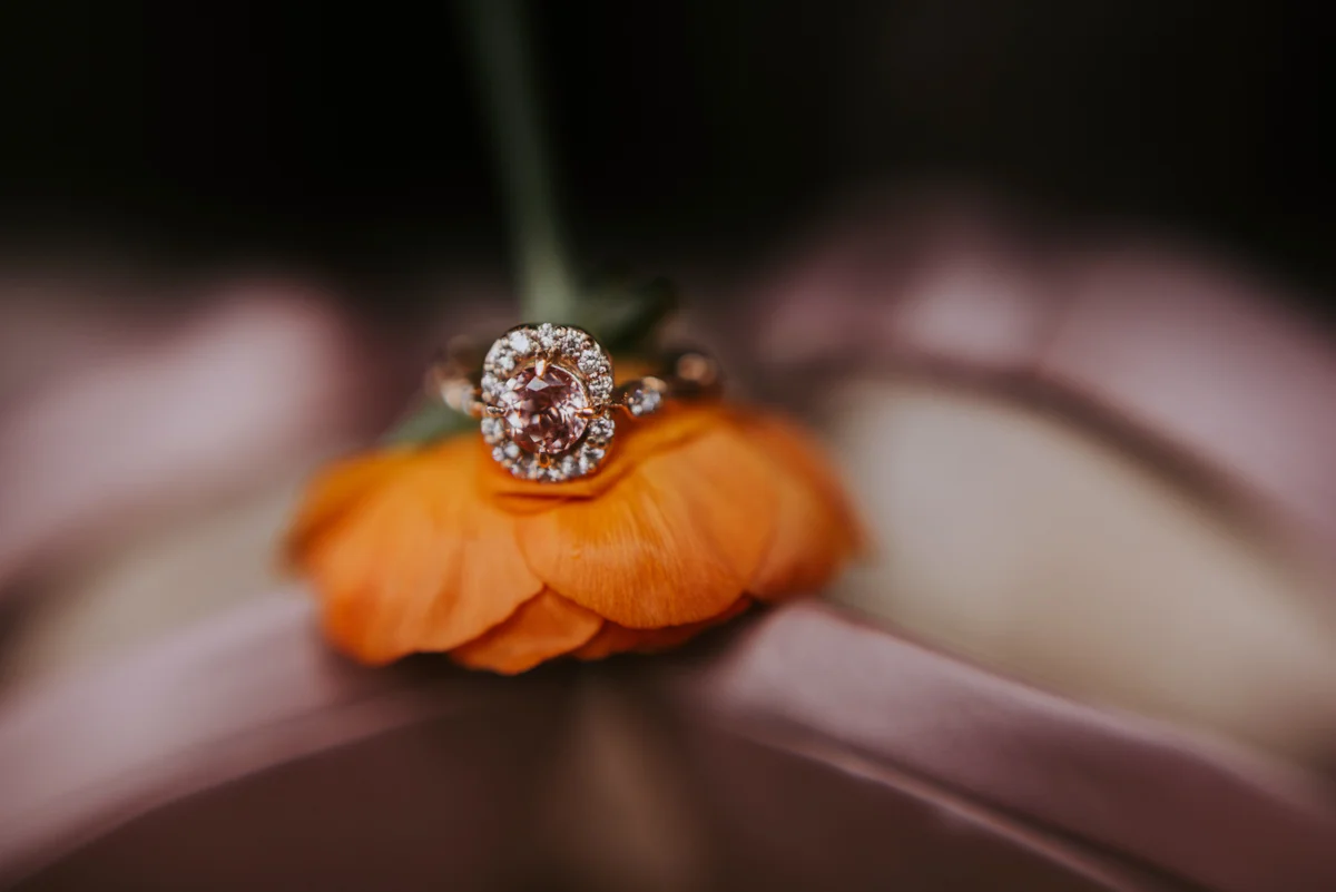 vintage vegan glam in Washington DC HFB Photography Engagement ring on flower stem