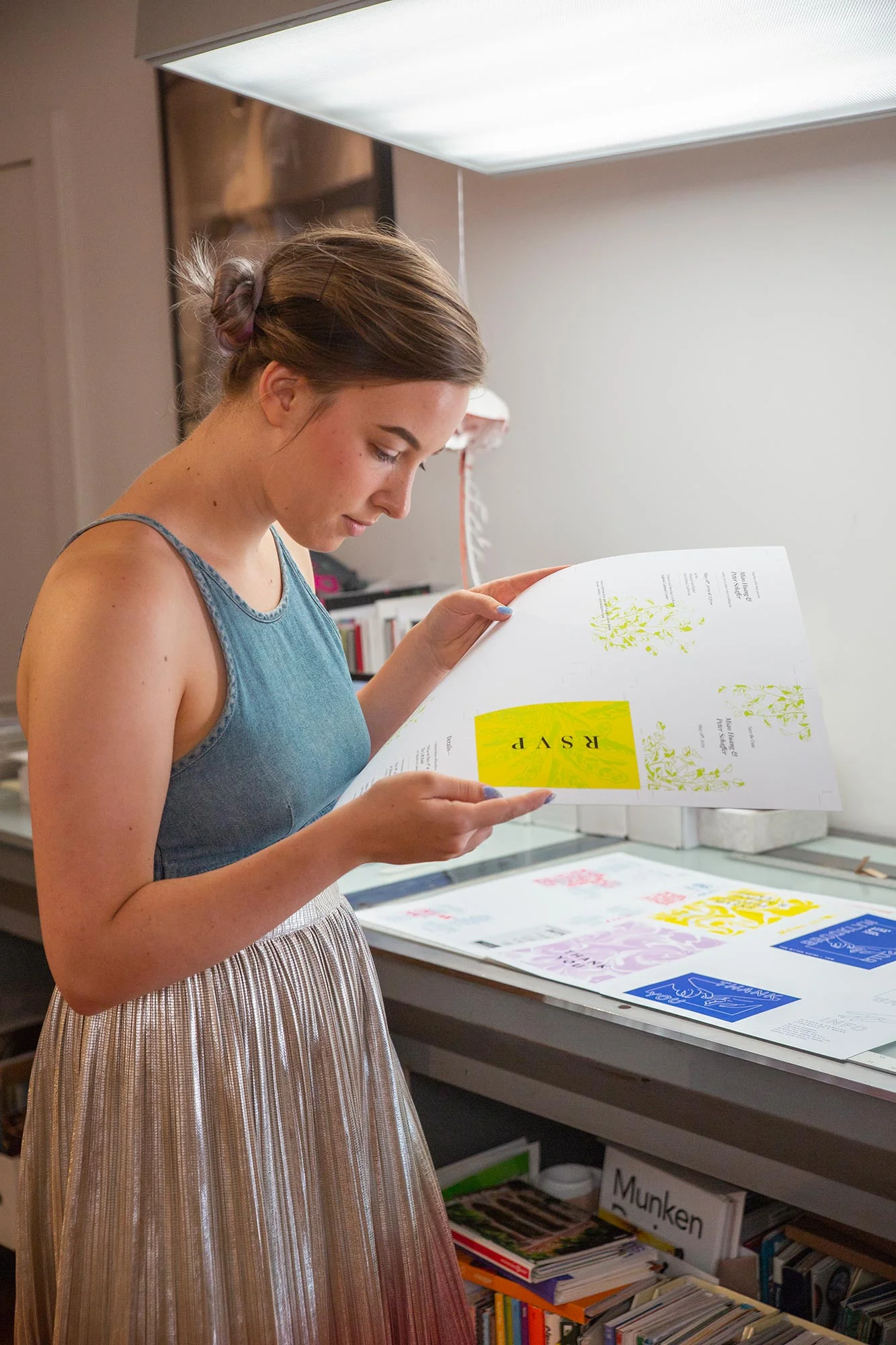 Natalie does press check on ficus wedding invitation suite design for gender-inclusive stationery studio ephemora