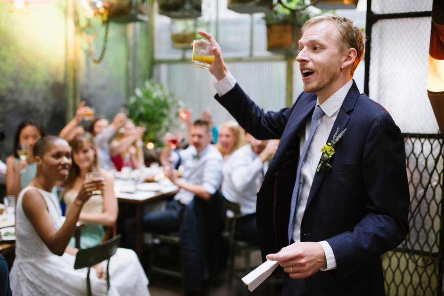 Chris making a toast at intimate DIY wedding at Edi &amp; the Wolf in NYC Brian Hatton Photography