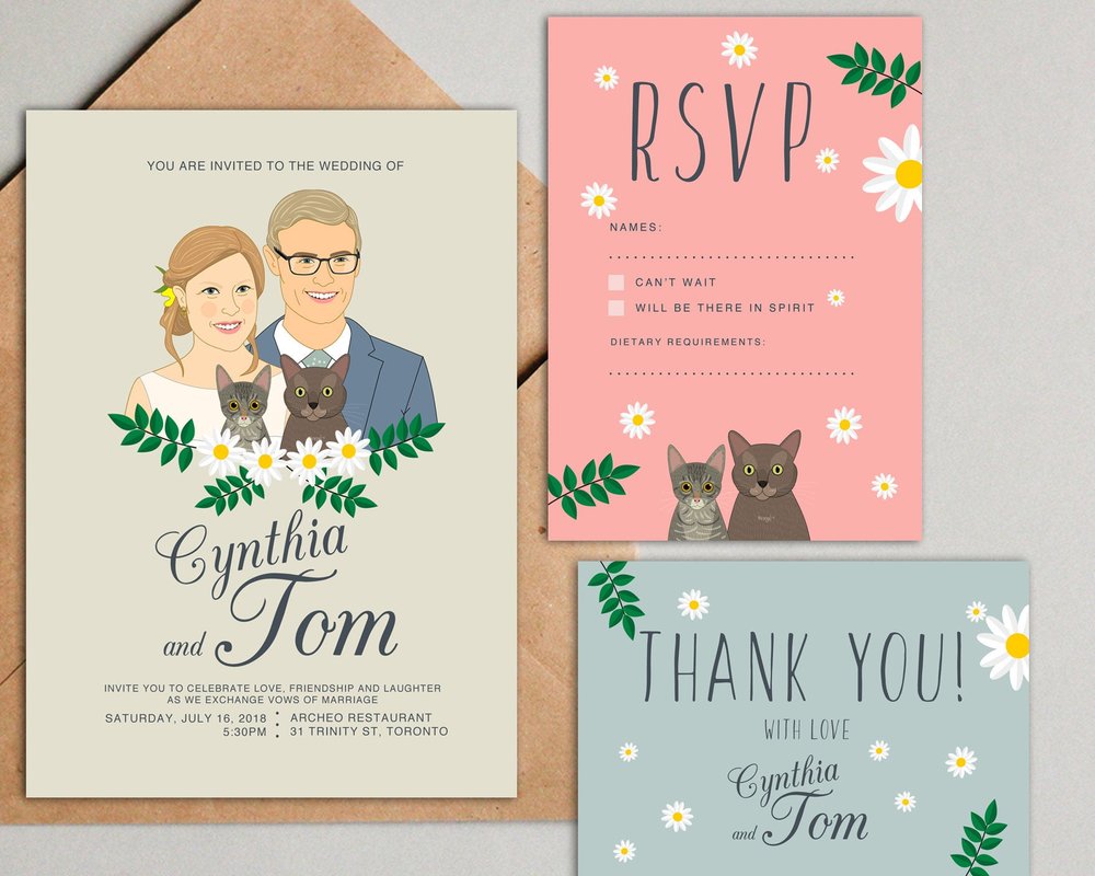 Custom Illustration Couple Portrait Wedding Invitation Suite by Lili Di Prima
